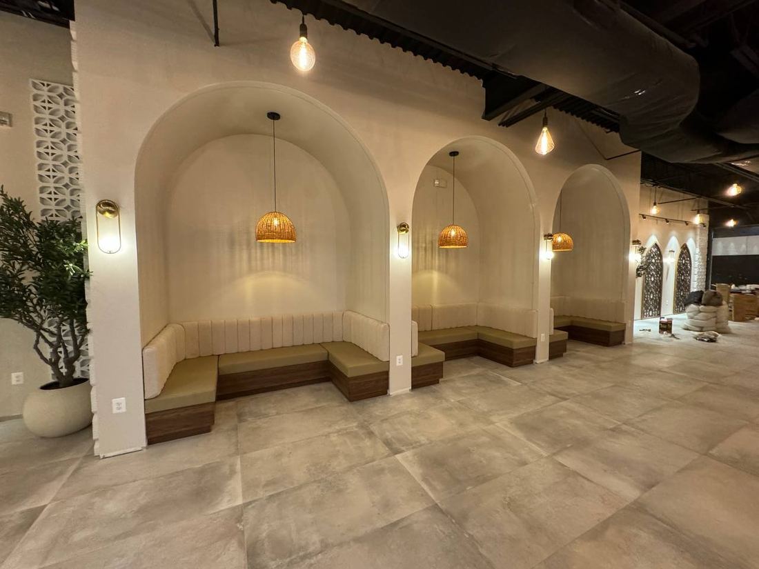 Coffee shop cream channel bench seating